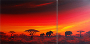 Elephants walking in the dusk on 2 canvases