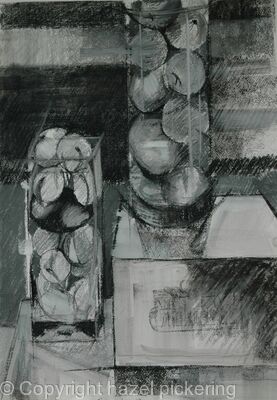 Fruit, jars and stones in the hall