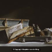 Still life with pewter ink well and books