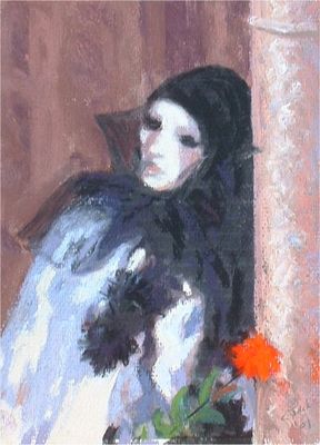 pierrot by pillar, half figure, venice carnival