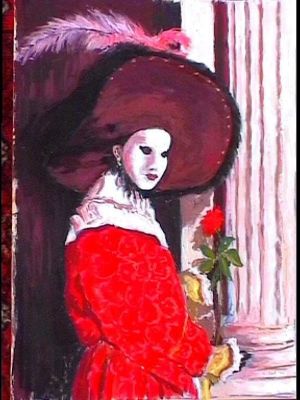 masked figure with large hat, venice carnival