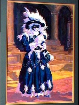 masked figure with feathered hat, venice carnival