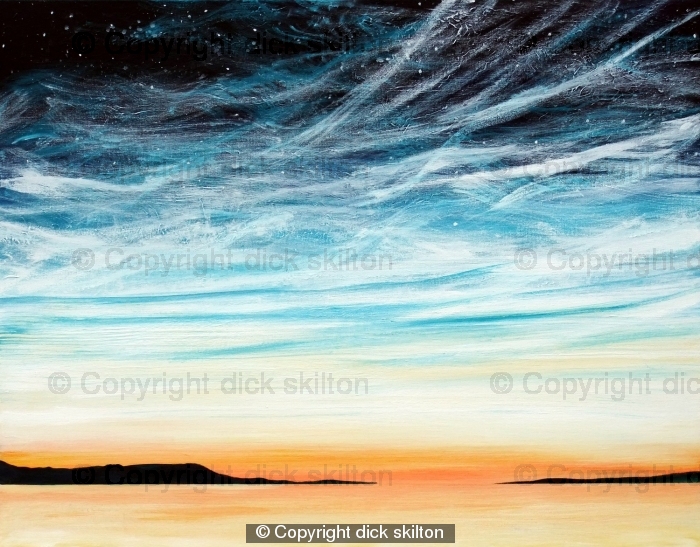 Cool sunset with noctilucent clouds and stars. Acrylic paint on stretched canvas