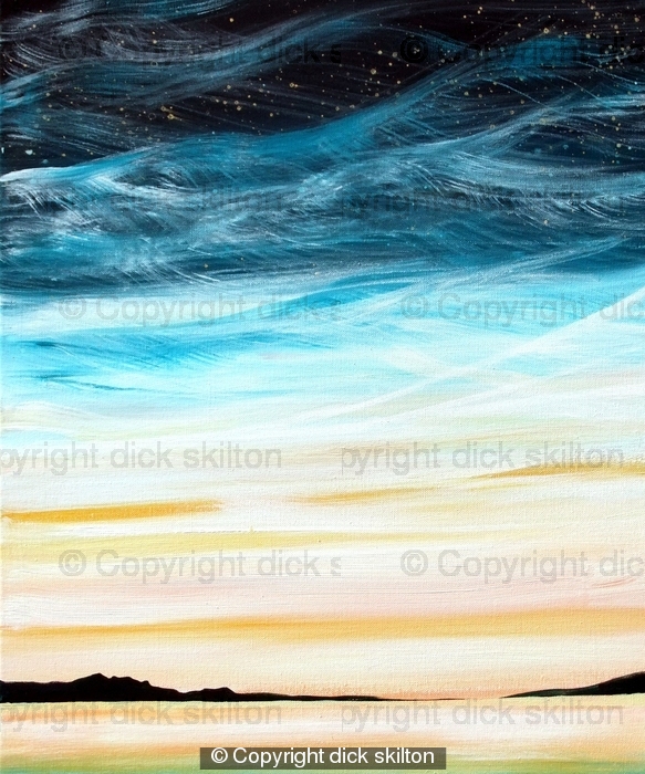 sunset with gold stars print on greeting card