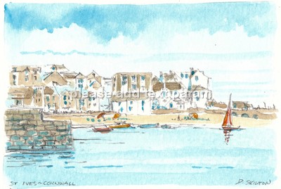 Original pencil and watercolour of St Ives harbour and beach mounted on greeting card