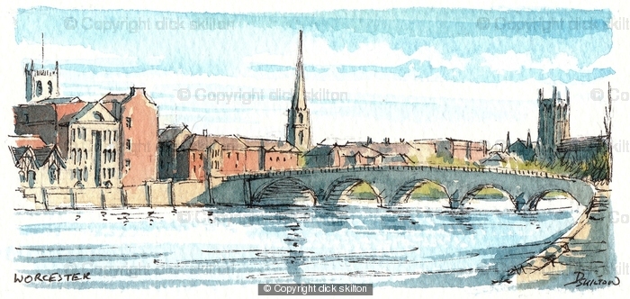 Miniature original of Worcester, bridge over the river Severn and cathedral 