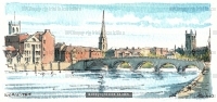 Miniature original of Worcester, bridge over the river Severn and cathedral 