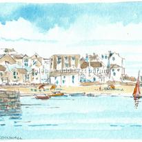 Original pencil and watercolour of St Ives harbour and beach mounted on greeting card