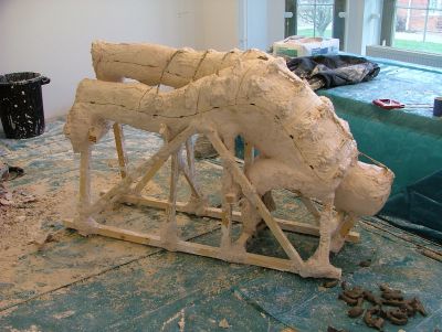 The empty mould layed forward onto its supporting frame.