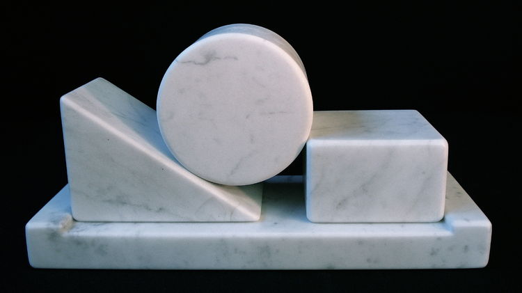 3-part construction, suspended between the irresistible force and the immovable object, or a cheeseboard, carrara marble, ht. 122mm, £poa