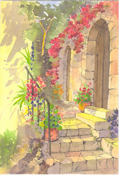 Watercolour painting of Eze, S France