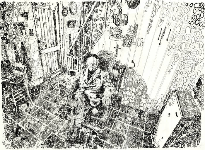 Old man with Fridge, Heater and Clock