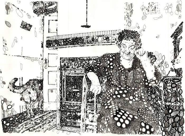 Interior with old woman, Piano, fireplace and a dog.