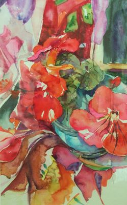 scarlet flowers, turquoise bowl