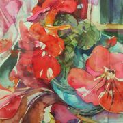 scarlet flowers, turquoise bowl
