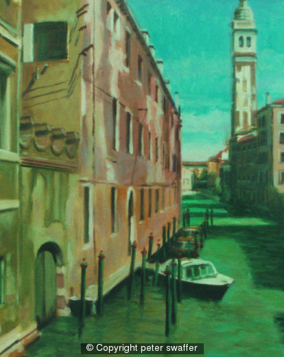 green canal with camponile - venice