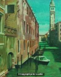 green canal with camponile - venice