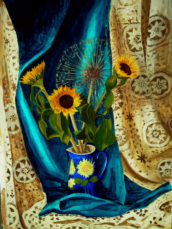 Sunflowers-real, painted, @ crocheted