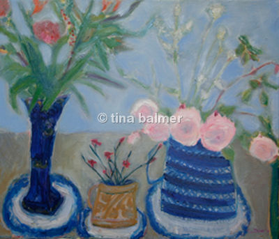 Pink roses, brown jug