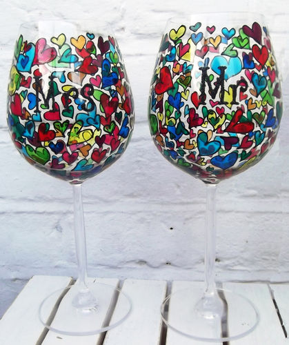Hand Painted Mr and Mrs Wedding Glasses