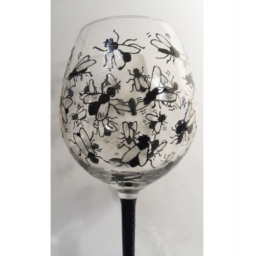 Artist Hand Painted Wine Glass Bluebottle Design