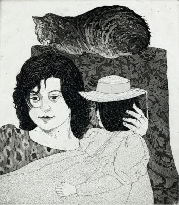 Sarah with doll and cat