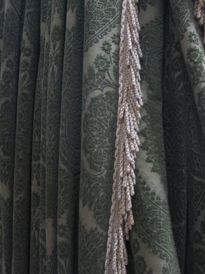 c1977 olive green heavy chenile damask fringed