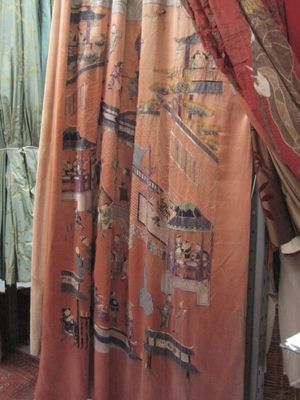 C2614 orange Chinese SIlk with Figured in Street Scene Embroidery