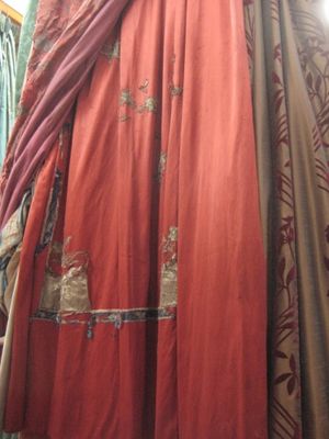 C2476 Red Satin Chinese Panel with Gilt Worn Embroidery