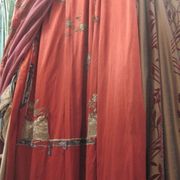 C2476 Red Satin Chinese Panel with Gilt Worn Embroidery