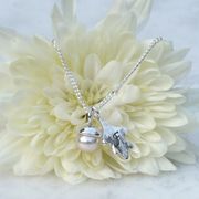 Gold Collection- 9ct White Gold and Pink Fresh Water Pearl Acorn and Oak Leaf Necklace £275