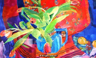 Tulips and blue jug