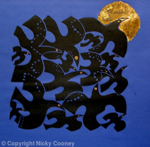 FLYING PAST # 1 WITH GOLD MOON On dark blue