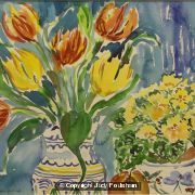Tulips in vase with Primroses