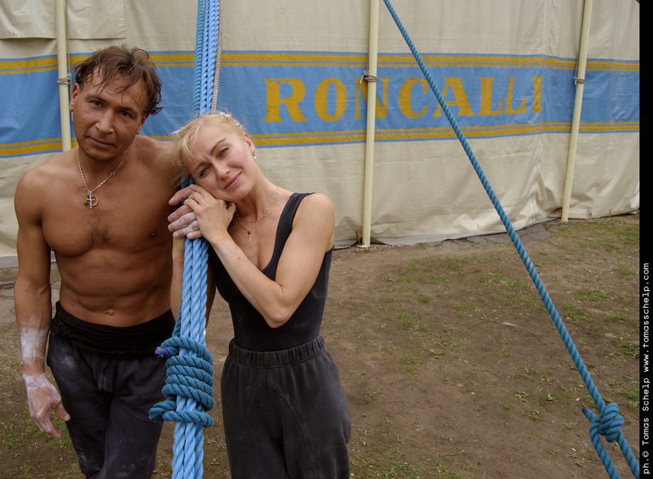 The acrobats Vitaly and Oxana Bobrov after training.